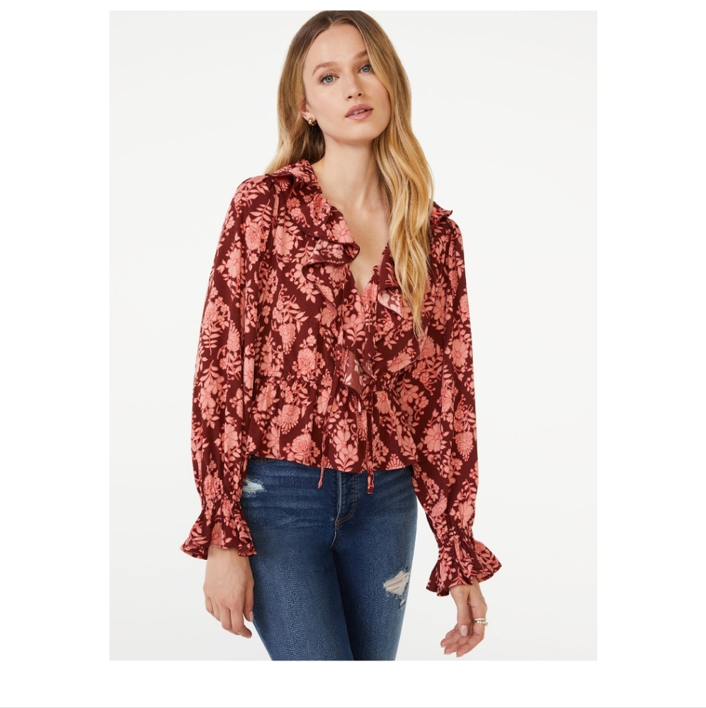 Scoop Long Sleeve Ruffle Blouse